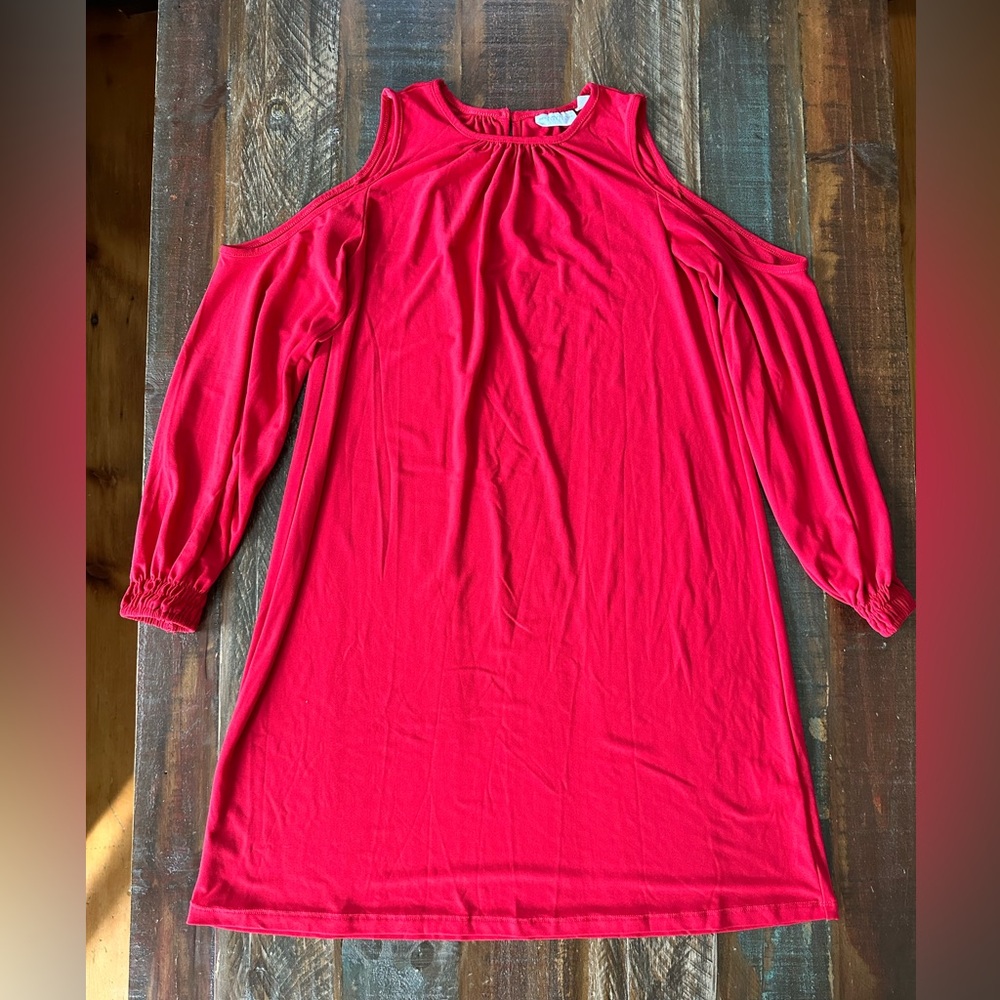 NEW YORK & COMPANY Women’s S Red Cold Shoulder 3/4 Sleeve Shift Dress | SKU 0466